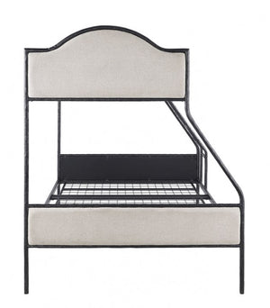 Norama Twin Full Bunkbed Black Metal bed frame with upholstered headboard and footboard on a white background