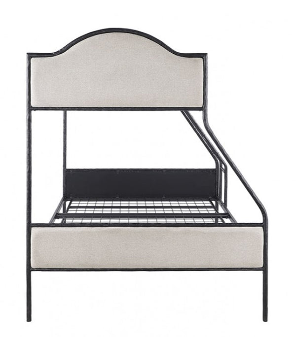 Norama Twin Full Bunkbed Black Metal bed frame with upholstered headboard and footboard on a white background