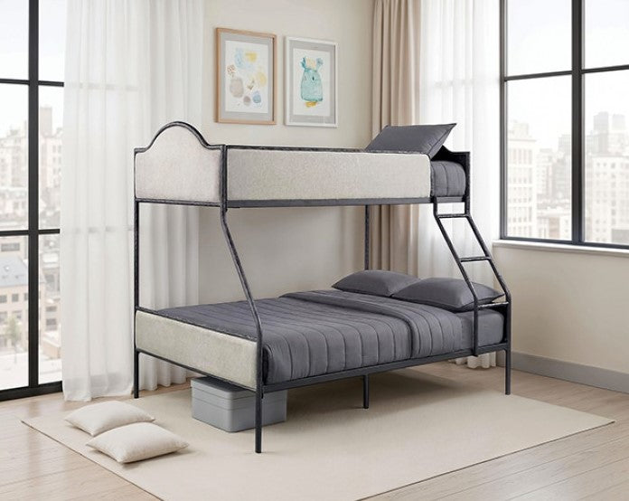 Norama Twin Full Bunkbed Black Bunk bed with gray bedding in a room with light-colored walls and a window.