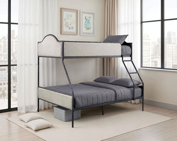Norama Twin Full Bunkbed Black Bunk bed in a room with large windows and framed pictures on the wall.