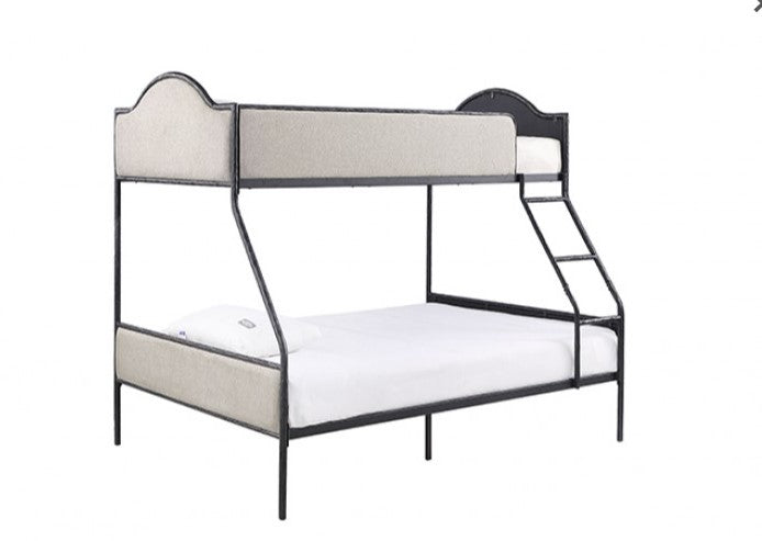 Norama Twin Full Bunkbed Black Bunk bed with gray bedding in a room with light-colored walls and a window.