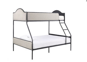 Norama Twin Full Bunkbed Black Bunk bed with white mattress and metal frame on a white background