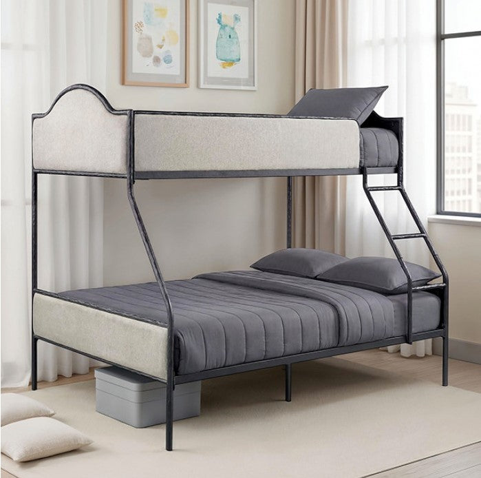 Norama Twin Full Bunkbed Black Bunk bed with gray bedding in a room with light-colored walls and a window.