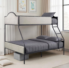 Norama Twin Full Bunkbed Black Bunk bed with gray bedding in a room with light-colored walls and a window.