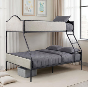 Norama Twin Full Bunkbed Black Bunk bed with gray bedding in a room with light-colored walls and a window.