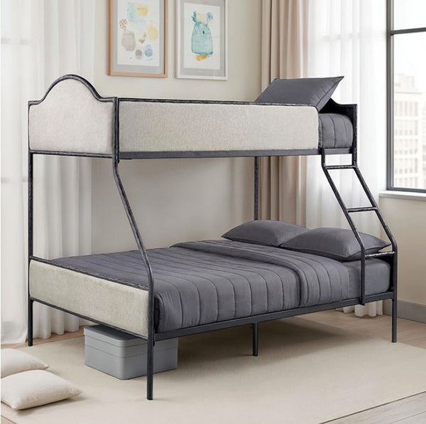 Norama Twin Full Bunkbed Black Bunk bed with gray bedding in a room with light-colored walls and a window.