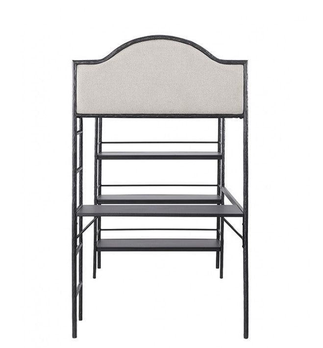 Norama Twin Loft Bed Black Loft bed with desk and shelves in a room with light-colored walls and a rug.