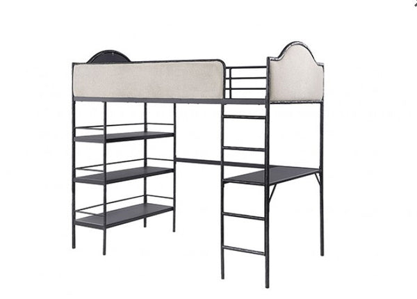 Norama Twin Loft Bed Black Bunk bed with desk on a white background