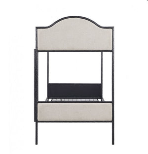 Norama Twin Twin Bunkbed Black Metal bed frame with upholstered headboard and footboard on a white background