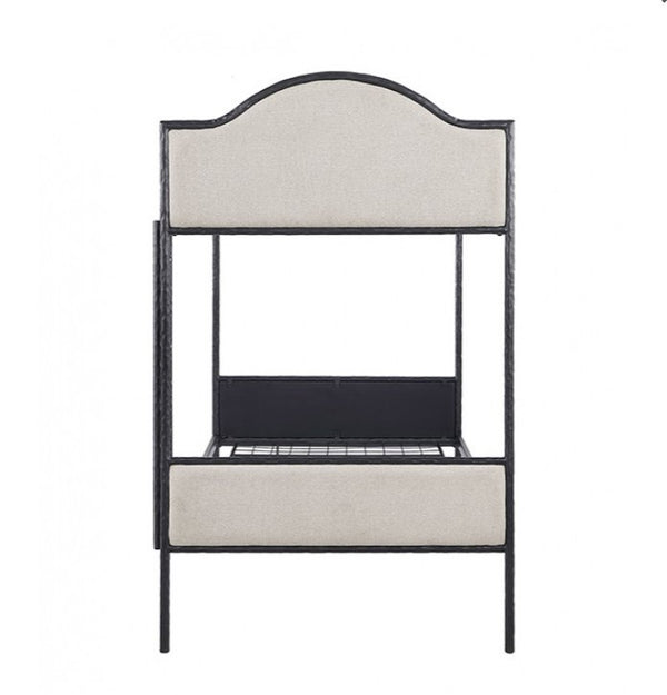 Norama Twin Twin Bunkbed Black Metal bed frame with upholstered headboard and footboard on a white background
