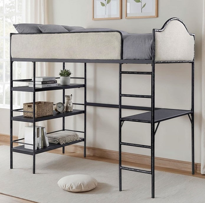 Norama Twin Loft Bed Black Loft bed with desk and shelves in a room with light-colored walls and a rug.