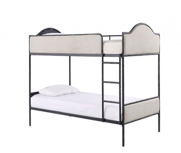 Norama Twin Twin Bunkbed Black Bunk bed with white mattress and gray headboard on a white background