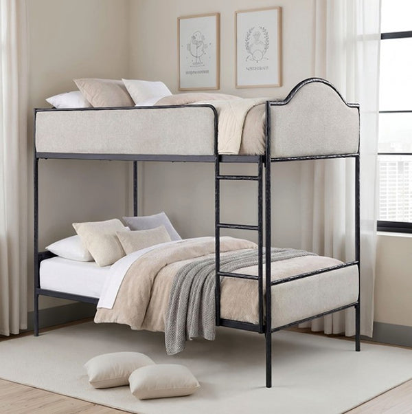 Norama Twin Twin Bunkbed Black Bunk bed with beige bedding in a room with light-colored walls and curtains.