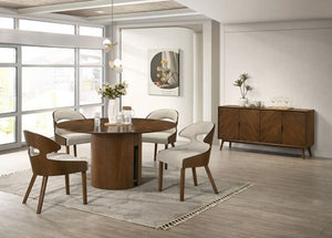 Modern dining room with wooden table and chairs in a well-lit room.