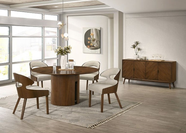 Modern dining room with wooden table and chairs in a well-lit room.