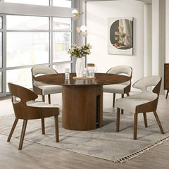 Nova Modern Style Round Walnut Table Dining room with a wooden round table and chairs in a well-lit room.