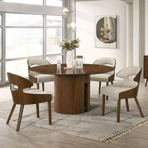 Nova Modern Style Round Walnut Table Dining room with a wooden round table and chairs in a well-lit room.