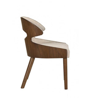 Nova Modern Style Walnut Dining Room Chair Wooden chair with white cushion on a white background