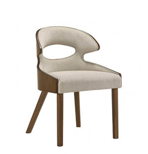 Nova Modern Style Walnut Dining Room Chair Modern chair with wooden frame and beige cushion on a white background