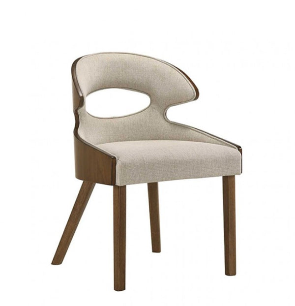 Nova Modern Style Walnut Dining Room Chair Modern chair with wooden frame and beige cushion on a white background