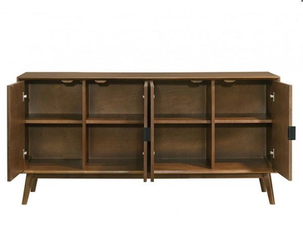Wooden sideboard with open doors on a white background