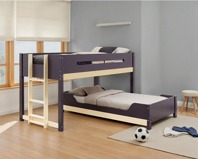 Nuester Contemporary Twin Twin T-Bunkbed Bunk bed with wooden frame and purple top bunk in a room with a gray wall and wooden floor.