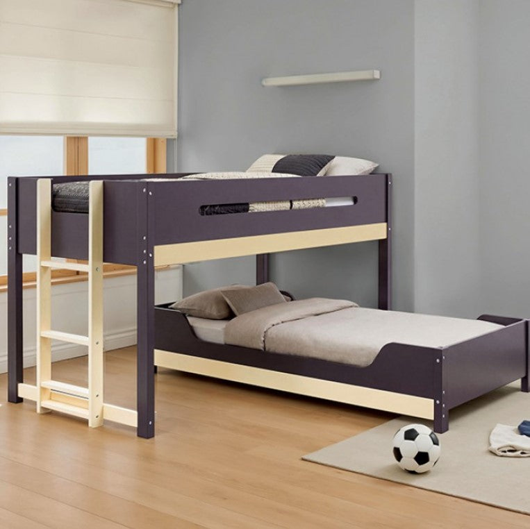 Nuester Contemporary Twin Twin T-Bunkbed Bunk bed with wooden frame and purple top bunk in a room with a gray wall and wooden floor.