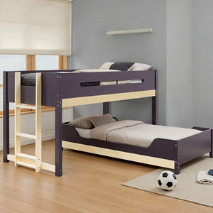 Nuester Contemporary Twin Twin T-Bunkbed Bunk bed with wooden frame and purple top bunk in a room with a gray wall and wooden floor.