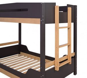 Nuester Contemporary Twin Twin Bunkbed Bunk bed with black top and wooden bottom and ladder on a white background