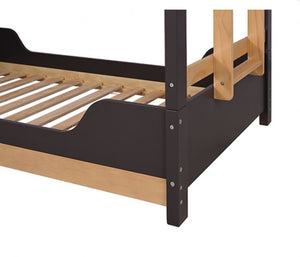 Nuester Contemporary Twin Twin Bunkbed Bed frame with black headboard and wooden slats on a white background