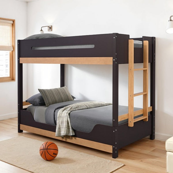 Nuester Contemporary Twin Twin Bunkbed Bunk bed with wooden ladder in a room with a basketball on the floor.