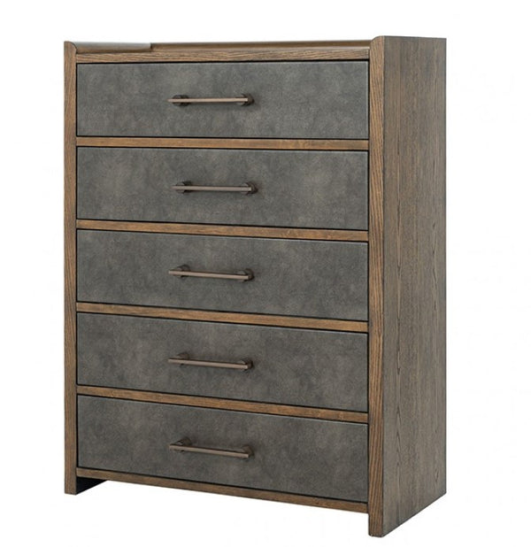 Nutone Dark Walnut Modern Chest Wooden dresser with gray drawers and bronze handles on a white background