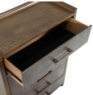 Nutone Dark Walnut Modern Chest Wooden dresser with open drawer on a white background
