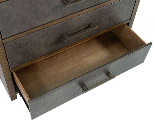 Wooden dresser with open drawer on a white background