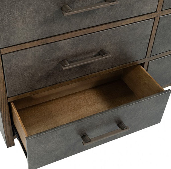 Nutone Dark Walnut Modern Dresser Close-up of a gray dresser with open drawer and metal handles on a white background