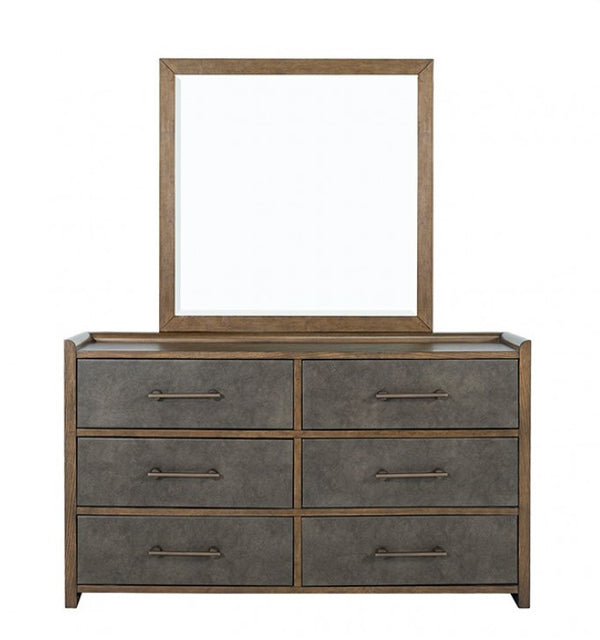 Nutone Dark Walnut Modern Dresser Dresser with six drawers and a mirror on a white background