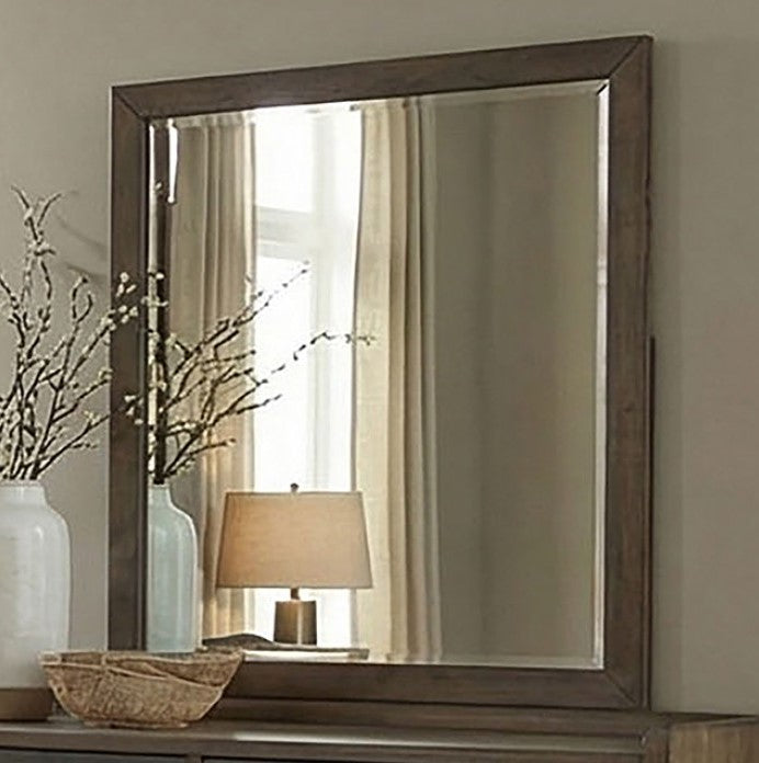 Nutone Dark Walnut Modern Mirror Wooden mirror with decorative items on a shelf against a neutral wall