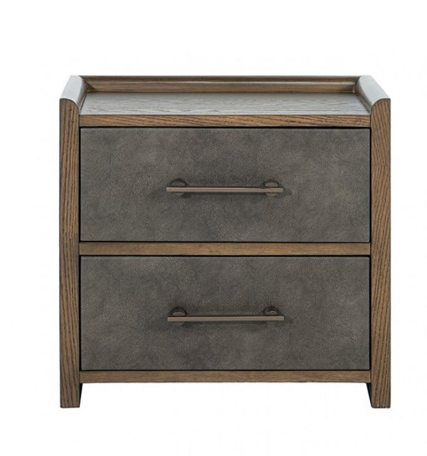 Nutone Dark Walnut Modern Nightstand Two-drawer nightstand with wooden frame and gray fabric drawers on a white background
