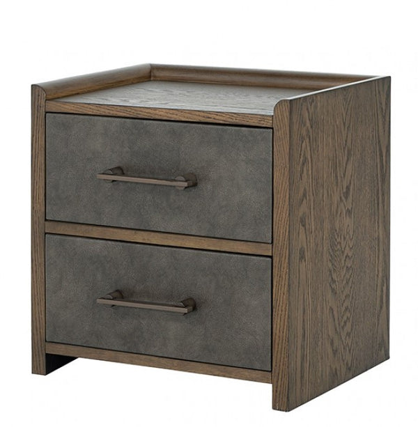 Nutone Dark Walnut Modern Nightstand Wooden nightstand with two drawers and a concrete-like top on a white background