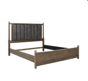 Nutone Vertically Channeled Modern Bed Wooden bed frame with dark upholstered headboard on a white background