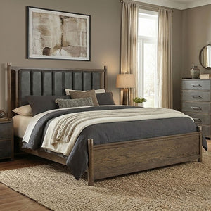 Nutone Vertically Channeled Modern Bed Bedroom with wooden bed, nightstands, and a lamp.