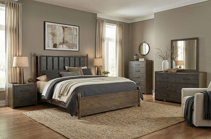 Nutone Vertically Channeled Modern Bed Bedroom with wooden bed, nightstands, and a lamp.
