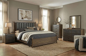 Nutone Vertically Channeled Modern Bed Neatly arranged bedroom with wooden furniture and decor.