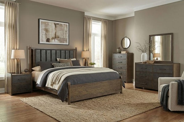 Nutone Vertically Channeled Modern Bed Neatly arranged bedroom with wooden furniture and decor.