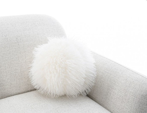 Owan Fabric Sofa With Pocket Coil Seating – Oat White fluffy pillow on a light gray sofa against a white background