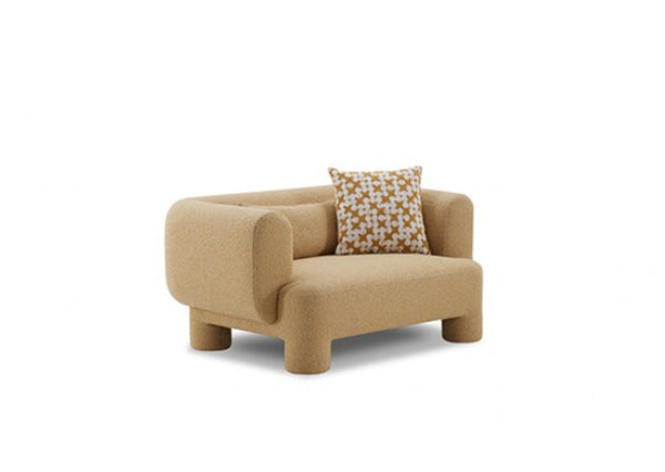 Phillip Modern Tight Seat Chair with Pillows Beige armchair with a patterned pillow on a white background