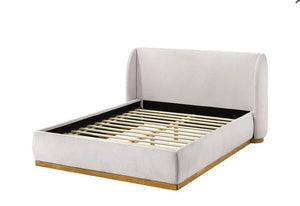 Pirewin Boucle Fully Upholstered Wingback Gold Plinth Base Bed White upholstered bed frame with wooden slats on a white background