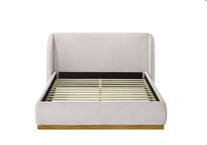Pirewin Boucle Fully Upholstered Wingback Gold Plinth Base Bed Beige upholstered bed with wooden slats on a white background