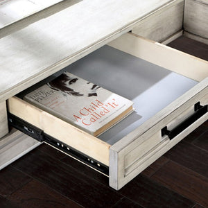 Prigala Antique White L-Shaped Corner Desk with USB Power Outlet Open drawer with a book titled 'A Child Called It' inside, on a wooden floor.