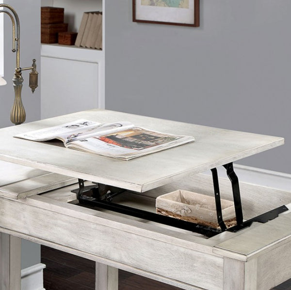 Prigala Antique White L-Shaped Corner Desk with USB Power Outlet A light gray wood lift-top desk shown in a home office setting, with an open magazine resting on the raised top surface and a storage basket visible beneath the tabletop.
